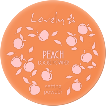 Pomarańczowy, okrągły puder Lovely Peach Loose Powder, widok z góry, z białymi brzoskwiniami i napisem.