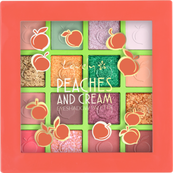 Paleta 16 cieni Peaches and Cream w koralowej ramie, z brzoskwiniowymi grafikami, matowe i brokatowe odcienie.