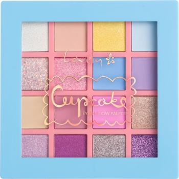 Paleta 16 pasteli Cupcake Eyeshadow Palette z matami i brokatami w błękitnej ramce, widok z góry.