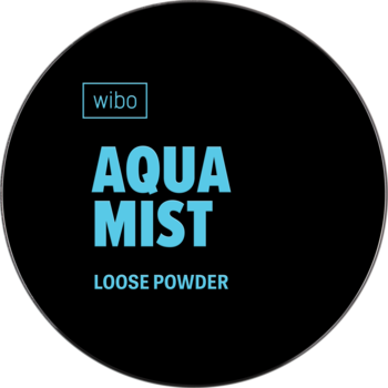Wibo AQUA MIST LOOSE POWDER, sypki puder utrwalający. Czarna, okrągła etykieta z jasnoniebieskim napisem, widok z przodu.