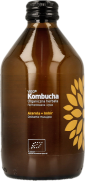 VIGO Kombucha Acerola + Imbir w ciemnobrązowej butelce, czarna zakrętka, żółty słonecznik, widok z przodu.