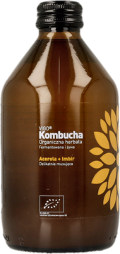 VIGO Kombucha Acerola + Imbir w ciemnobrązowej butelce, czarna zakrętka, żółty słonecznik, widok z przodu.