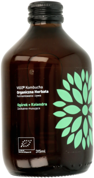 VIGO Kombucha Ogórek + Kolendra, ciemna szklana butelka 315ml z zielono-białą etykietą, widok z przodu.
