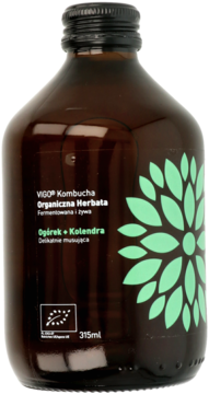 VIGO Kombucha Ogórek + Kolendra, ciemna szklana butelka 315ml z zielono-białą etykietą, widok z przodu.