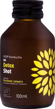 VIGO Kombucha BIO Detox Shot, butelka 100 ml z kurkumą i pieprzem. Ciemne szkło, żółty napis, grafika słońca.