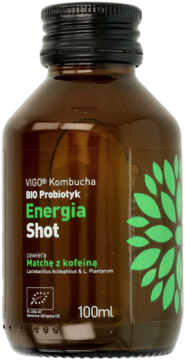 VIGO Kombucha Energia Shot BIO Probiotyk z matchą, brązowa butelka 100ml, zielono-biała etykieta.