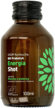 VIGO Kombucha Energia Shot BIO Probiotyk z matchą, brązowa butelka 100ml, zielono-biała etykieta.