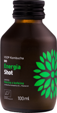 VIGO Kombucha BIO Energia Shot 100ml: ciemna butelka z zieloną etykietą, napis Matcha i kofeina, front.