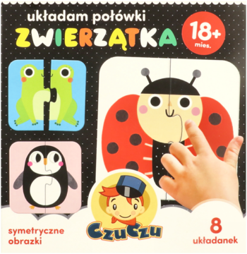 Okładka puzzli Czuczu 'Zwierzątka' 18m+ z dwuelementowymi układankami: żaba, biedronka i pingwin, idealne dla maluchów.