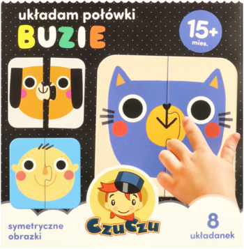 Pudełko puzzli CzuCzu Układam połówki Buzie, 15m+, z ilustracjami psa, kota i dziecka, dłoń układa puzzle.