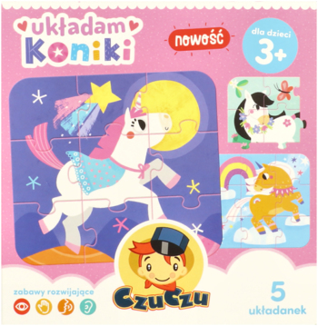 Różowe opakowanie puzzli CzuCzu Układam Koniki: zestaw 5 układanek dla dzieci 3+ z biało-różowym jednorożcem.