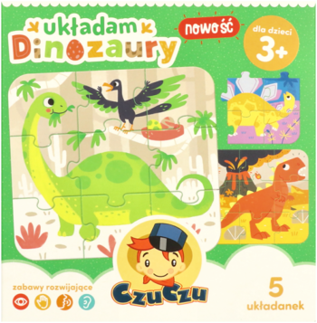 Zielone pudełko puzzli CzuCzu "Układam Dinozaury", z 5 układankami i wizerunkami dinozaurów, dla dzieci 3+.