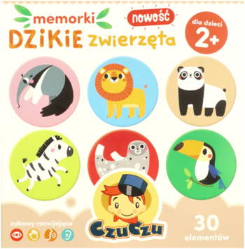 Memorki Dzikie Zwierzęta: kolorowa gra pamięciowa dla dzieci 2+, z kółkami zwierząt i logo Czuczu. Widok z góry.