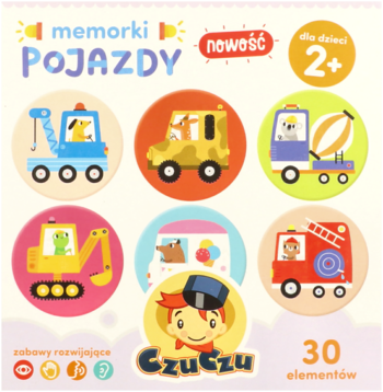 Memorki Pojazdy CzuCzu: kolorowa gra pamięciowa dla dzieci 2+ z 6 okrągłymi żetonami aut, ułożona na beżowym tle.