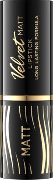 Pionowa czarna pomadka Velvet Matt Lipstick ze złotymi napisami i falistymi detalami.