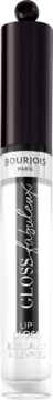 Bourjois Fabuleux Gloss nawilżający błyszczyk do ust w cylindrycznej butelce z czarną etykietą, widok z przodu.