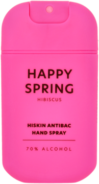 Płaski, różowy antybakteryjny spray do rąk Hiskin Happy Spring Hibiscus 70% alkoholu, widok z przodu.