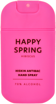 Płaski, różowy antybakteryjny spray do rąk Hiskin Happy Spring Hibiscus 70% alkoholu, widok z przodu.