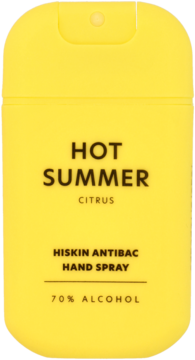 Żółty, płaski spray do rąk Hiskin Antibac Hot Summer Citrus z 70% alkoholem, widok z przodu.