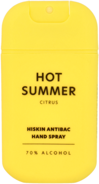 Żółty, płaski spray do rąk Hiskin Antibac Hot Summer Citrus z 70% alkoholem, widok z przodu.