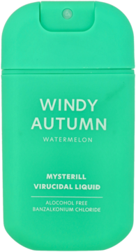 Zielony, prostokątny płaski spray do dezynfekcji rąk MYSTERILL WINDY AUTUMN Watermelon, widok z przodu.