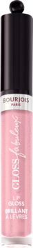 Pionowe ujęcie różowego błyszczyka Bourjois Gloss Fabuleux w przezroczystej butelce z czarną zakrętką i białym logo.