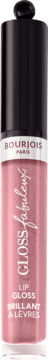 Bourjois Fabuleux Gloss, jasnoróżowy błyszczyk w przezroczystej tubce z czarną nakrętką, pionowy widok.