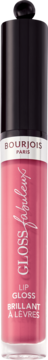 Różowo-koralowy błyszczyk Bourjois Fabuleux Gloss w pionowej butelce z czarną zakrętką, widok z przodu.