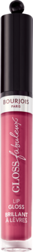 Różowy błyszczyk Bourjois Fabuleux Gloss w przezroczystej butelce z czarną zakrętką, widok z przodu.