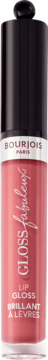 Bourjois Fabuleux Gloss, brzoskwiniowy błyszczyk do ust w przezroczystej butelce, frontalny widok.