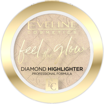Eveline Diamond Highlighter, okrągły, złoto-beżowy kompakt z napisem 'feel the glow', widok z góry.