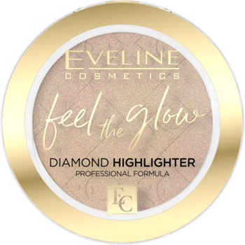 Eveline Cosmetics Feel The Glow Diamond Highlighter w okrągłym, złotym kompakcie, opalizujący puder, widok z góry.