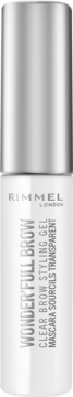 Rimmel Wonder'Full Brow Clear Brow Styling Gel, transparentna butelka z srebrną zakrętką, widok z przodu.