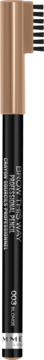Rimmel Brow This Way 003 Blonde, kredka do brwi z wbudowaną szczoteczką, czarna obudowa, pionowe ujęcie.
