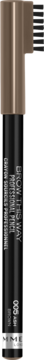 Rimmel Brow This Way 005 Ash Brown, pionowo ustawiona kredka do brwi z czarną etykietą, widoczna szczoteczka.
