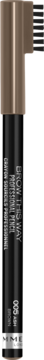 Rimmel Brow This Way 005 Ash Brown, pionowo ustawiona kredka do brwi z czarną etykietą, widoczna szczoteczka.