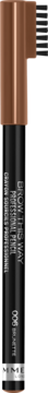 Rimmel Brow This Way eyebrow pencil 006 Brunette, brown, with black label and brush end, vertical view.