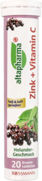 Altapharma Cynk + Witamina C, biało-fioletowa tuba, widok z przodu, 20 tabletek musujących czarnego bzu.