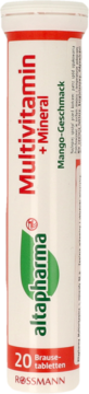 Biała tuba Altapharma Multivitamin + Mineral Mango, 20 tabletek musujących Rossmann, widok z przodu.