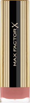 Pomadka Max Factor Colour Elixir Simply Nude, złota oprawka z czarnym paskiem Max Factor X i różową bazą.