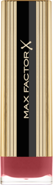 Max Factor Colour Elixir lipstick, gold ribbed casing with black logo, transparent base showing reddish-brown shade.