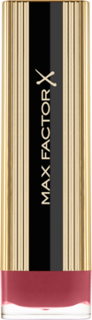 Pionowa pomadka Max Factor Colour Elixir w odcieniu Raisen. Złota, ryflowana oprawa, czarny napis i widoczny kolor.