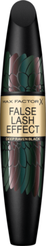 Max Factor False Lash Effect tusz Deep Raven Black, czarna butelka ze złotą etykietą i wzorem piór, widok z przodu.
