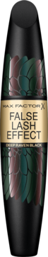 Max Factor False Lash Effect tusz Deep Raven Black, czarna butelka ze złotą etykietą i wzorem piór, widok z przodu.