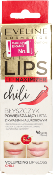 Eveline Cosmetics Chili Lip Maximizer. Biało-złote pudełko z przed/po zdjęciami ust, widok z przodu.