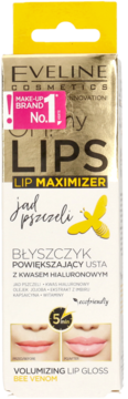 Eveline Cosmetics Oh! My Lips Lip Maximizer Volumizing Lip Gloss w złotym pudełku, z pszczelim jadem, widok z przodu.