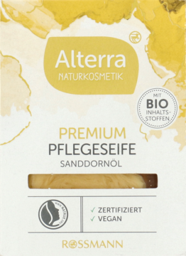 Alterra mydło Premium Pflegeseife Sanddornöl w białym opakowaniu z żółtymi akcentami i widoczną kostką.