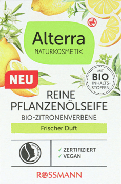Alterra Naturkosmetik mydło roślinne BIO z werbeną cytrynową, świeży zapach, wegańskie. Front opakowania.