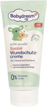 Biało-zielona tuba Babydream Spezial Wundschutzcreme z koalami, dla niemowląt, z cynkiem i pantenolem, widok z przodu.
