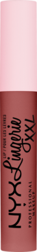 NYX Lingerie XXL matowa pomadka płynna w ciemnobrązowej tubie z jasnoróżową nakrętką, widok pionowy.